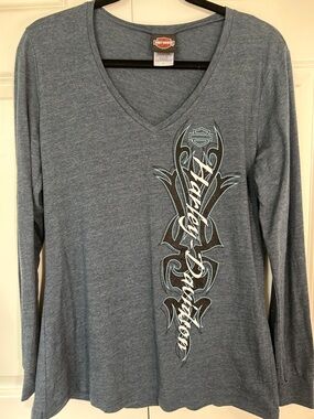 Harley-Davidson Blue-Gray Long Sleeve V-Neck Top with Tribal Logo